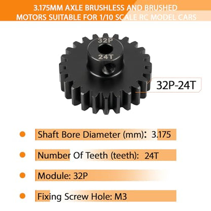 32P 24T Pinion Gear 3.175mm Shaft, Hardened Steel Motor Gear for 1/10 Scale RC Car Truck Crawler Monster Buggy, High Speed Durable 32 Pitch Gear Upgrade Parts 540 550 Brushed 3650 3660 Brushless - color: 24T
