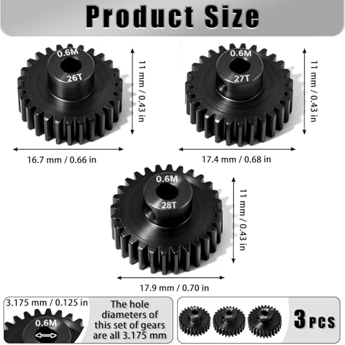 3Pcs 0.6M Hardened Steel Pinion Gear Set 3.175mm 26T 27T 28T Motor Pinion Gear with M4 Screw and Hex Key, Fit 3.175mm (1/8-Inch) Shaft, for Arrma HPI Kyosho Losi Axial Traxxas Tamiya 1/10 RC C - size: 0.6M-P-3.175mm-26-28T