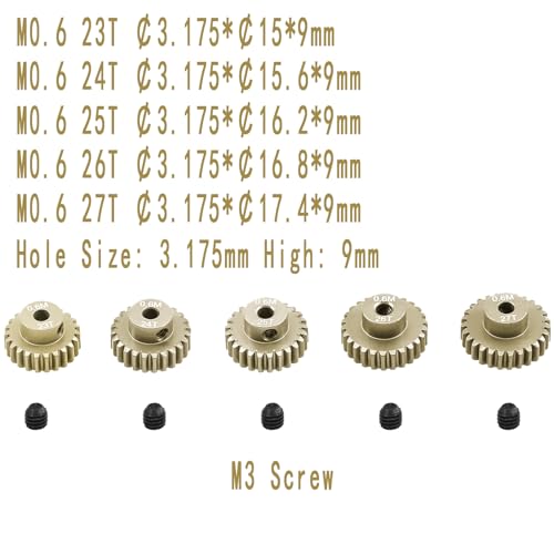 M0.6 Pinion Gear Set 3.175mm 23T 24T 25T 26T 27T 5PCS 7075 Aluminum Alloy Metal Pinion Motor Gear for 1/10 RC Car Brushed Brushless Motor (5PCS)… - size: 0.6M-P-23-27T