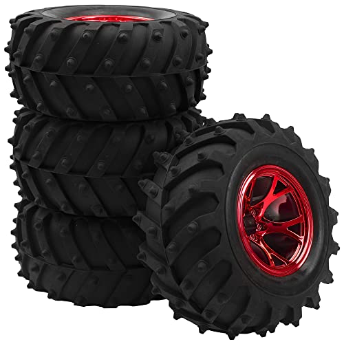4.72''OD Rubber Tires & Wheel Rim 12mm Hex Hub Compatible with RedCat Volcano Traxxas Rustler HPI HSP Tamiya Exceed Himoto 1/10 Off-Road Monster Truck,120mmx56mm (Red) - color: Red