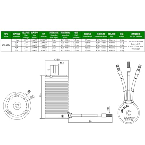 3674 1650KV Brushless Motor Shaft Diameter 5MM for 1/8 1/10 Scale On-Road Buggy Drift Racing RC Car - size: 1650KV