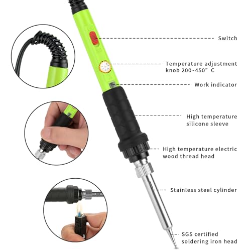 Soldering Iron Kit, 60W Soldering Iron with 5pc Interchangeable Tips, 10-in-1 Adjustable Temperature Solder Welding Tools, Fast Heating, Electronic Repair, 110V, Green - color: 60w 10-in-1 Green