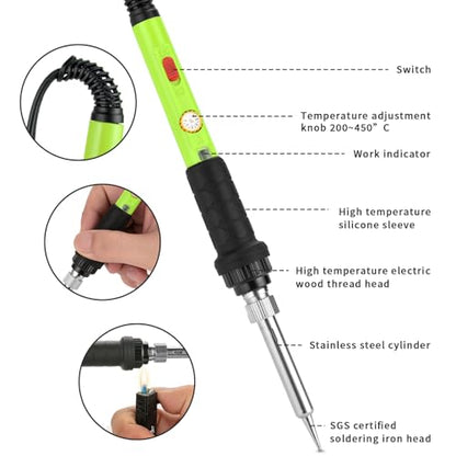 Soldering Iron Kit, 60W Soldering Iron with 5pc Interchangeable Tips, 10-in-1 Adjustable Temperature Solder Welding Tools, Fast Heating, Electronic Repair, 110V, Green - color: 60w 10-in-1 Green