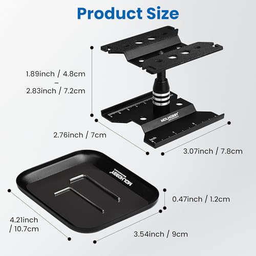 Mini RC Car Work Stand, Tiny Aluminum Stand for 1/18 1/24 Scale Accessories, Black RC Car Tool Kit Repair Holder with 360°Rotation Lift & Screw Tray