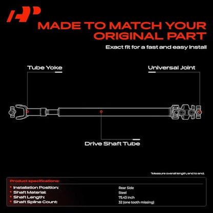 A-Premium Rear Drive Shaft Driveshaft Assembly Compatible with Dodge | for Ram 1500 2002-2008, 4WD, Auto Trans, 140.5" Wheel Base, NV243 Transfer Case, Replace# 52105918AA, 75.43" Prop Shaft - size: Rear, 75.5", style: 2002-2008, Automatic Transmission