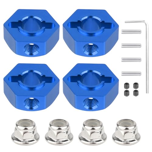 12mm Wheel Hex Hubs 5mm Axle Hole, Drive Adapter Set w/ M4 Flange Lock Nuts for 1/10 1/12 RC Car Truck Buggy, Compatible with Traxxas Tamiya Redcat Axial (Blue) - color: Blue
