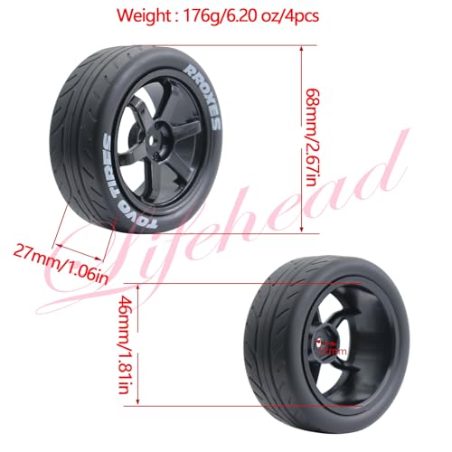Lifehead 68mm RC On-Road Rally Car Tires and Wheels for 1/10 RC On-Road Touring Drift Car HSP Tamiya XV01 TT01 TT02B HPI Kyosho FAZER MK2 /12mm Hex - color: Black