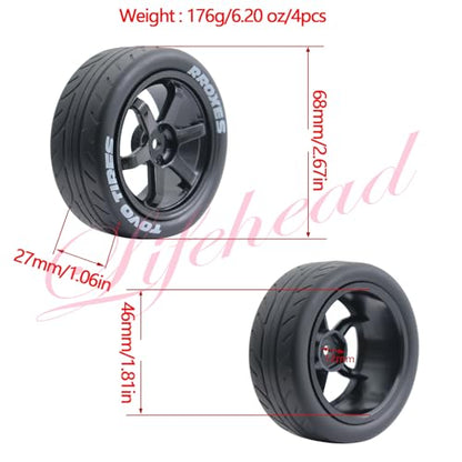 Lifehead 68mm RC On-Road Rally Car Tires and Wheels for 1/10 RC On-Road Touring Drift Car HSP Tamiya XV01 TT01 TT02B HPI Kyosho FAZER MK2 /12mm Hex - color: Black