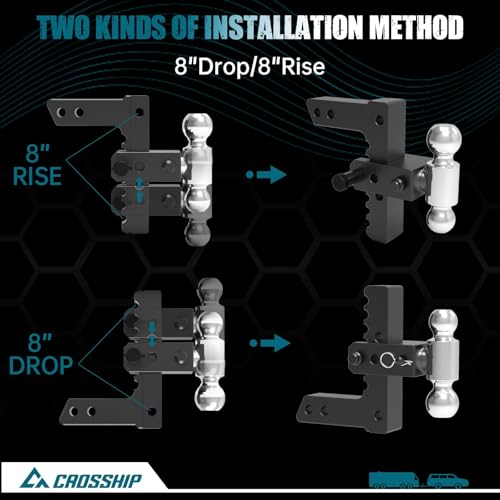 Adjustable Drawbar Trailer Hitch - Heavy Duty Aluminum Drop Hitch - Fits 2" Receiver, 8" Drop/Rise, for Truck, SUV, RV(12500 Lbs GTW) - color: Black, size: 2" 8 Drop-Dual Ball