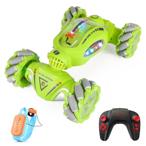 HUIOP Stunt Car 2.4GHz Car Spray Car with Function Lateral Movement,Breathing Light,Deformation,Double-Sided Driving,Wrist Watch-Dual - color: Green, size: 1 battery