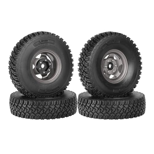 4PCS 1.55 Inch Beadlock Metal Wheel Rim and Rubber Tires Set for 1/10 RC Rock Crawler Car for Axial AX90069 D90 TF2 Tamiya CC01 LC70(90mm-5Spokes Grey) - color: 90mm-5spokes Grey