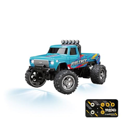 Mini 1/64 RC Off Road Truck, 2.4GHz Alloy Remote Control Car with LED Lights, 3-Speed Monster Truck, Shock Absorber Suspension, Desktop All Terrain RC Vehicle for Teens & Adults - color: Blue