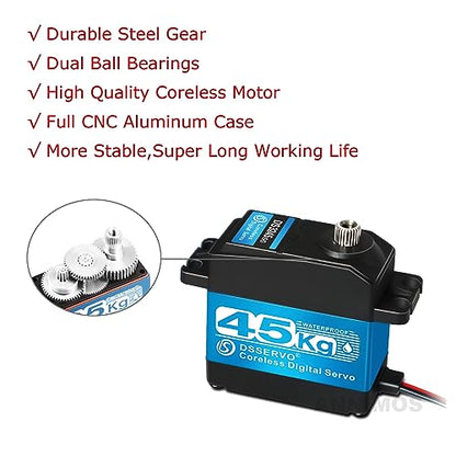 45KG High Torque Servo 8.4V Coreless RC Steering Servo Motors Stainless Steel Gear Low Profile Waterproof for 1/8 1/10 1/12 Scale Cars DIY Robotic - 180 Degree - size: 45KG-180°