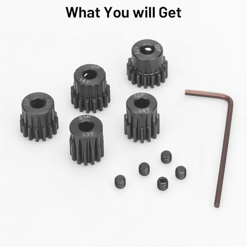32P 5mm Pinion Motor Gear Sets, daitoku 5PCS RC Pinion Gears 13T 14T 15T 16T 17T for HPI Kyosho Losi Axial Tamiya 1/8 1/10 RC Car - size: 32P 13T 14T 15T 16T 17T