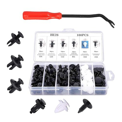 100PCS Car Bumper Retainer Clip with Fastener Remover (1 Tool) | Automotive Body Trim Fixed Clip, Auto Door Panel Push Pin, Universal Vehicle Plastic Rivets Kit with 1 Remover & Storage Box - size: 100PCS&Tool