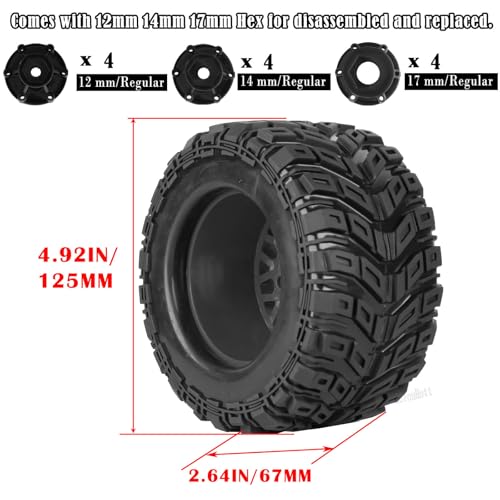 RC Truck Tires Wheel for 1/10 Big Rock Granite Vortek 3s / Stampede Rustler RC Car,4-Pack RC Wheels Tires Plastic Wheels w/12mm/14mm/17mm Replaceable Hex,Pink-Black - color: Pink-black- (Rc Tires Wheel)