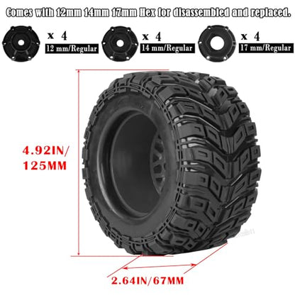RC Truck Tires Wheel for 1/10 Big Rock Granite Vortek 3s / Stampede Rustler RC Car,4-Pack RC Wheels Tires Plastic Wheels w/12mm/14mm/17mm Replaceable Hex,Black-Green - color: Black-green- (Rc Tires Wheel)