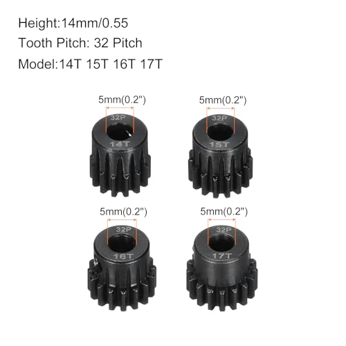 4Pcs 32P Steel Pinion Gear Set 14T 15T 16T 17T for 5mm Shaft Hardened Steel Pinion Gear with Screws and Hexagonal Wrench for RC Motor