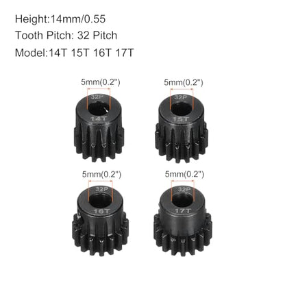 4Pcs 32P Steel Pinion Gear Set 14T 15T 16T 17T for 5mm Shaft Hardened Steel Pinion Gear with Screws and Hexagonal Wrench for RC Motor