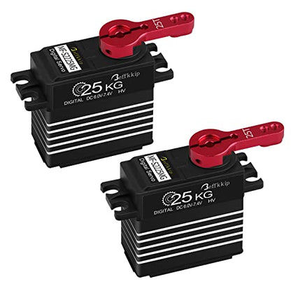 25KG Metal Gear RC Servos, Black and White, 2-Pack | Waterproof high-torque servos with 25T horns and 180° control for RC cars, crawlers, robots and steering systems.
