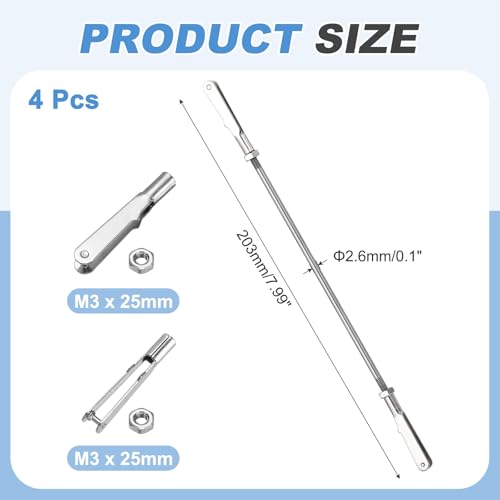 MECCANIXITY 4 Pcs Metal Clip Pushrod Connector Linkage, 304 Stainless Steel M3 Threaded Rod with Metal Clip for RC Plane Fixed Wing Aircraft DIY Models Parts, 203mm/7.99" - size: M3 x 203mm