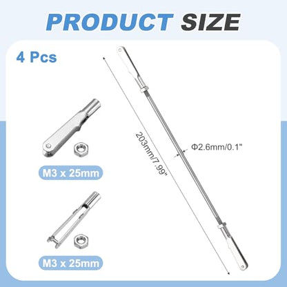 MECCANIXITY 4 Pcs Metal Clip Pushrod Connector Linkage, 304 Stainless Steel M3 Threaded Rod with Metal Clip for RC Plane Fixed Wing Aircraft DIY Models Parts, 203mm/7.99" - size: M3 x 203mm