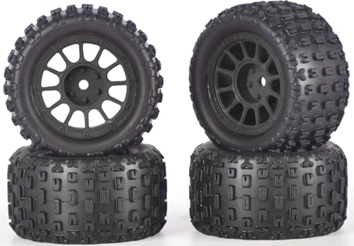 Pre-Glued 1/16 & 1/18 RC Monster Truck Rubber Tires & Plastic Wheels Rims | Rubber Tires with Foam Inserts Fits for ARRMA Granite 1/18 Granite/Typhon, WLtoys A949, MJX Hyper Go H16, 4Pcs-Black - color: Black