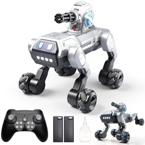 Smart Robot Dog RC Stunt Car Toys with Wheels, Remote Control STEM Pet Robot Toy with Music,Bionic Actions,Voice& Remote Control,Gesture Sensing,All-Terrain Stunt Pet Toy with Blaster foy Kids - style: Robot Dog with Wheels