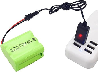 2PCS AA 7.2V 2800mAh Ni-MH High Capacity Battery with SM-2P Plug and 2PCS USB Charging Cable for Toy Tank Engineering, Flat Semi-Trailer Trucks, RC Cars Spare Batteries Pack
