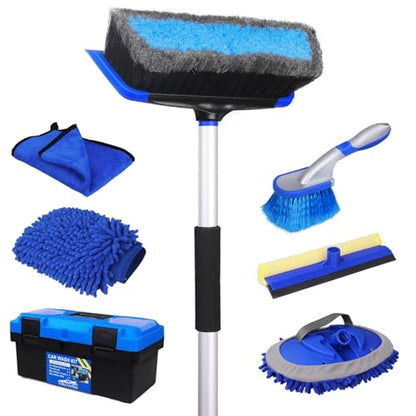 62'' Car Wash Brush with Long Handle, Car Wash Kit with Tire Brush, Tower, Window Squeegee, Chenille Microfiber Car Wash Mop Mitt, Car Cleaning Brush Kit Supplies for Car, Truck, SUV, RV