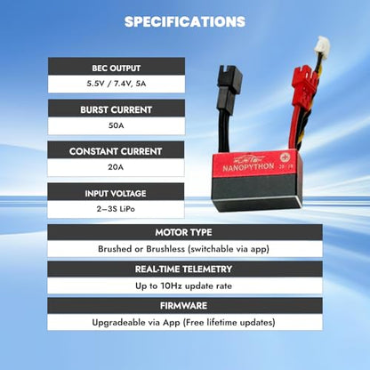 furitek NANOPYTHON 20A/50A Brushed/BRUSHLESS ESC with Built-in Wireless Module for 1/18 1/24 1/30 1/32 RC Crawlers - Remote Control Car Upgrades (FUR-2737)