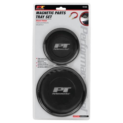 Performance Tool W1280 2-Piece Magnetic Parts Tray Set, Black | Holds screws and bolts sideways or upside down. Rubber coating prevents scratches. 4 and 5-1/2 inch trays