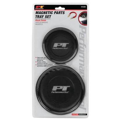 Performance Tool W1280 2-Piece Magnetic Parts Tray Set, Black | Holds screws and bolts sideways or upside down. Rubber coating prevents scratches. 4 and 5-1/2 inch trays