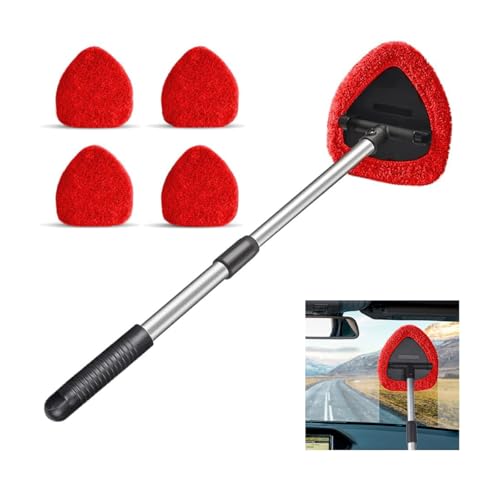 Car Windshield Cleaning Tool, Automotive Window Cleaner with 4 Reusable Washable Microfiber Pads & Extendable Handle, Vehicle Glass Wiper Kit, Universal for RV, SUV, Truck (Red) - color: Red