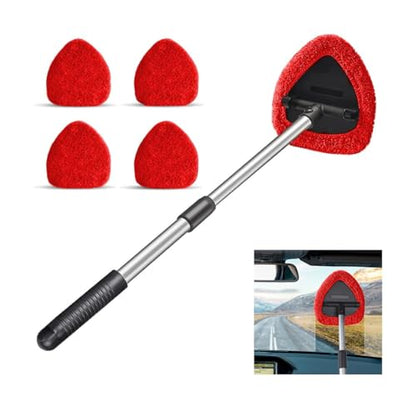 Car Windshield Cleaning Tool, Automotive Window Cleaner with 4 Reusable Washable Microfiber Pads & Extendable Handle, Vehicle Glass Wiper Kit, Universal for RV, SUV, Truck (Red) - color: Red