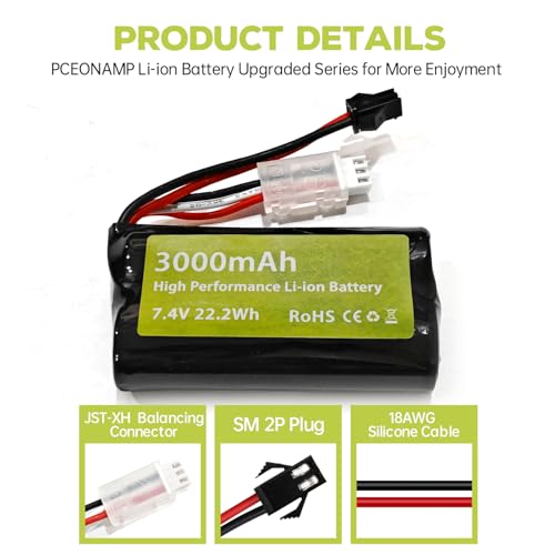 sea jump 2PCS 7.4V 3000mah 15C 2S SM-2P Plug Li-ion Battery with 2-in-1 Charger for H105 H103 H101 RC Ship,MN D99 D99s D90 D91 RC Car,Truck RC Boat Engineering Vehicle Backup Battery