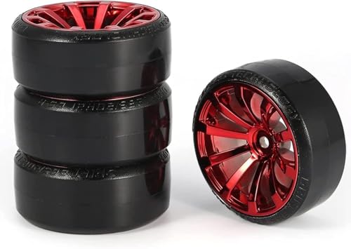 Hard Plastic 63mm Drift Car Tyres 12mm Wheels for 1/10th Scale HSP Tamiya HPI Kyosho TT02 Road Drift Car Hard Tyre Replacement, Set of 4 (Red) - color: Red