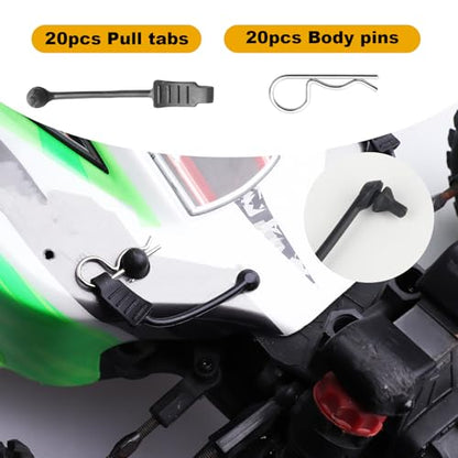 20pcs HobbyPark Universal RC Car Body Clips and Pull Tabs Retainer R Pins for 1/10 Traxxas Arrma Axial Losi & All 1/8 Redcat HPI HSP Truck Buggy Shell Replacement Parts - size: 1.4mm Rod Silver Clips