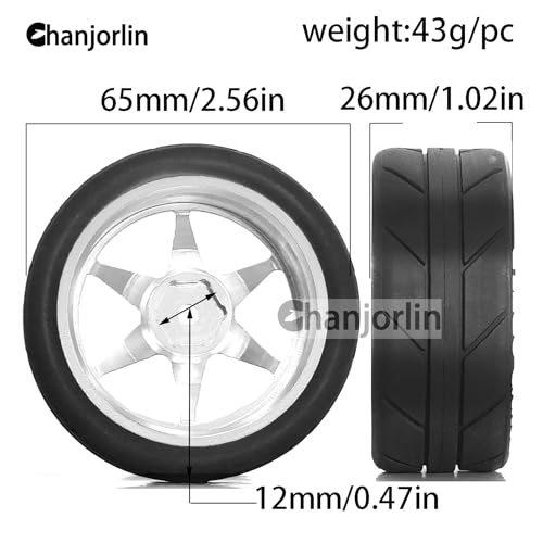 1/10 On Road Tires and Aluminum Wheels 12mm Hex RC Rally Racing Tyres OD 2.56" for Tamiya TT01 TT02 XV01 TA06 A959 PTG2 HPI KYOSHO PTG2 Traxxas 1:10 Street Touring Drift Car 4PCS (Silver) - color: Silver