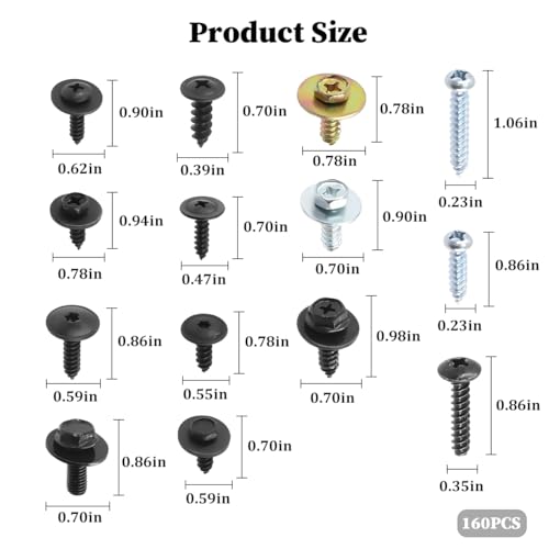 160 Pack Metal 14-Size Phillips Round-Head Self-Tapping Screw Kit | body bumper and hood applications, vehicle retainer mounting, fits SUVs RVs and cars, automotive fastening hardware