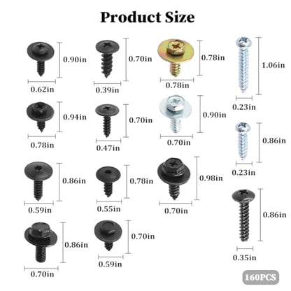 160 Pack Metal 14-Size Phillips Round-Head Self-Tapping Screw Kit | body bumper and hood applications, vehicle retainer mounting, fits SUVs RVs and cars, automotive fastening hardware
