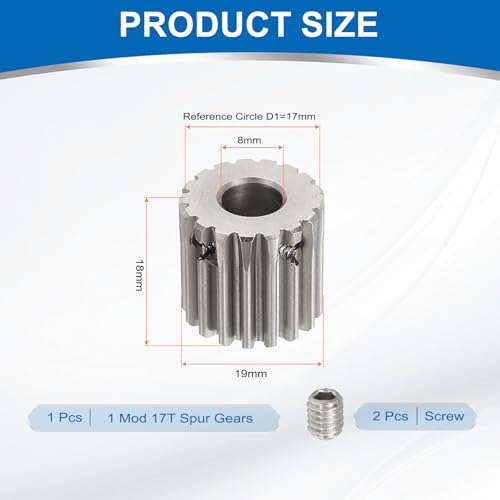 uxcell 1 Mod 17T Spur Gear 8mm Bore, 304 Stainless Steel Pinion Gear, 20°Pressure Angle, for Spur Rack and RC Model Car or Motor DIY - size: 1 Mod 17T, 8mm