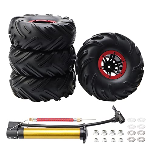 4pcs RC 2.2 Inch Crawler Tires Inflatable OD 140mm Mud Badland Tractor Tread Tyres and 12mm Wheel Rims Lock Nuts for 1:10 Monster Truck Crawling Car Traxxas Maxx Axial RC4WD, Red - color: Red