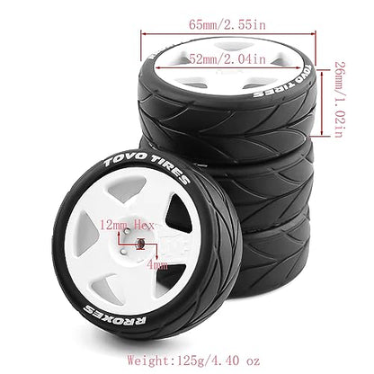 Lifehead 65mm On Road Rubber Tires& Wheels Rims 12mm Hex Hub for HPI Ken Block's Tamiya XV01 TT01 TT02B Kyosho FAZER MK2 Lc Racing PTG HSP RGT RC 3RACING D5 1/10 RC Rally Car - color: White 2