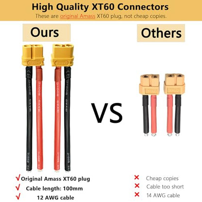 Amass XT60 Connector Plug Cable - Female and Male Connectors Adapter with 12AWG 100mm Silicone Wire for RC Lipo Battery Cable Drone Car Boat (10PCS)