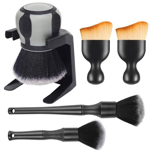 Supkiir 5 Pcs Car Detailing Brushes, Ultra Soft Bristles Dusting Brush with Storage Rack, Curveball XL Synthetic Brush Automotive Interior Dusting Brushes, Covers Large Area Inside or Outside Vehicles