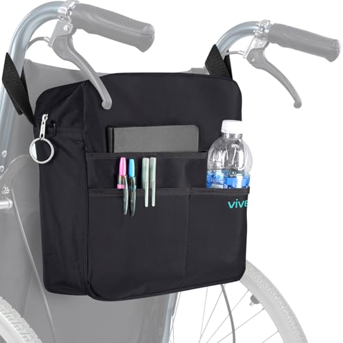 Vive Wheelchair Bag - Machine Washable, Double-Stitched, Water-Resistant Accessory Backpack for Rollators, Wheel Chairs, Walkers - Pouch with XL Pockets & Straps for Quick Installation - color: Black