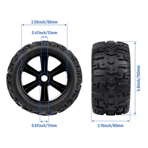 Pre-Glued 1/8 Truck Wheels Tires Set 17mm Hex Compatible with Traxxas Maxx, T-maxx, E-Revo, Arrma Kraton, Redcat Kaiju, JLB Cheetah 4-pack