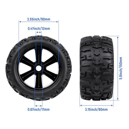 Pre-Glued 1/8 Truck Wheels Tires Set 17mm Hex Compatible with Traxxas Maxx, T-maxx, E-Revo, Arrma Kraton, Redcat Kaiju, JLB Cheetah 4-pack