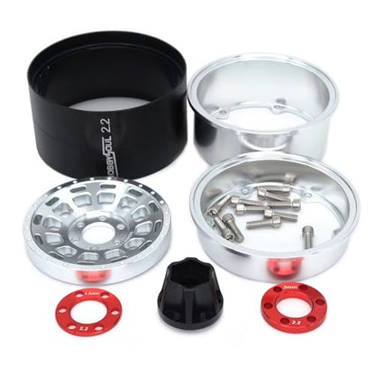 RC 2.2 Beadlock Wheels and Tires, Tall 5.0''/127mm Tires 2.2 Tyres & Adjustable Offset 2.2 Wheels Rims Silver for RC Mud Crawler Trail Gen8 Everest 10 Axial Capra Wraith, (4-Pack)
